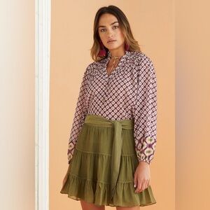 Marie Oliver Stori Blouse Purple/Green Blouse Mandarin Collar M Silk Blend
